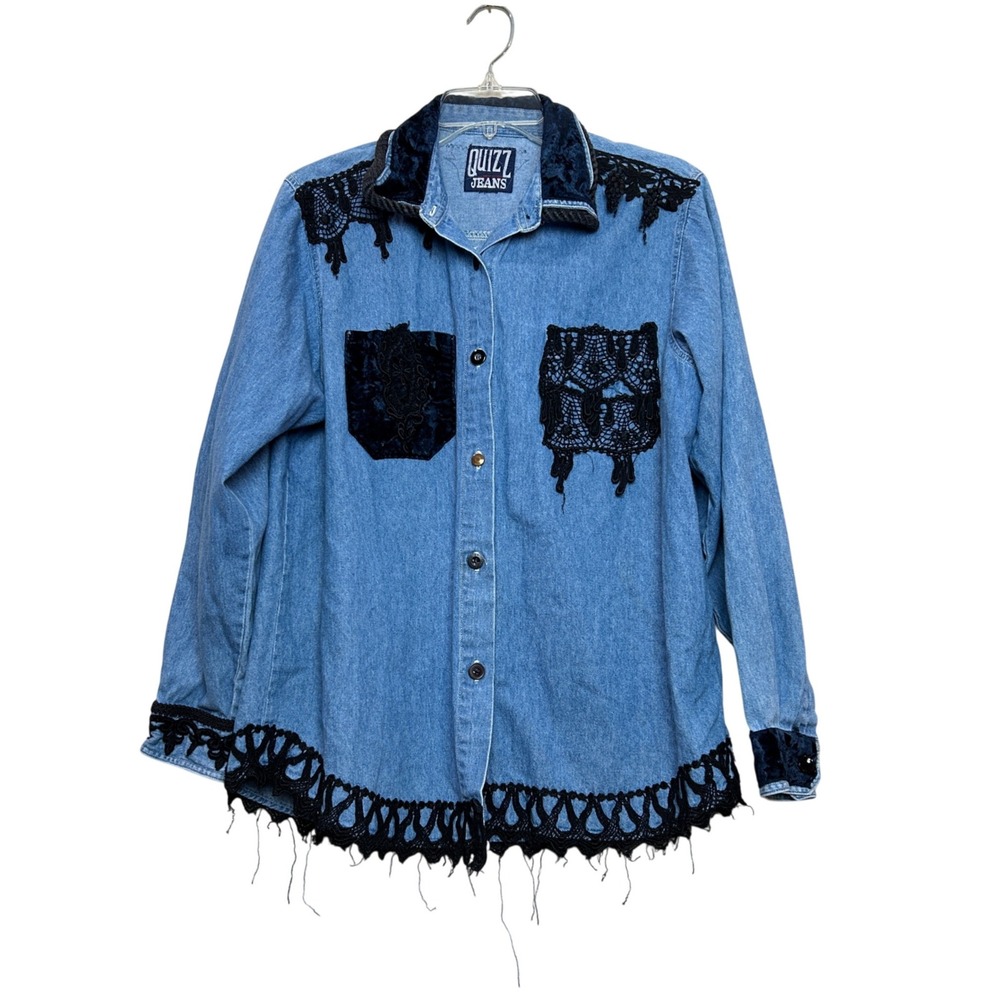 Quizz Denim Shirt Womens XL Blue Black Lace Velvet Trim Button Down Top Vintage